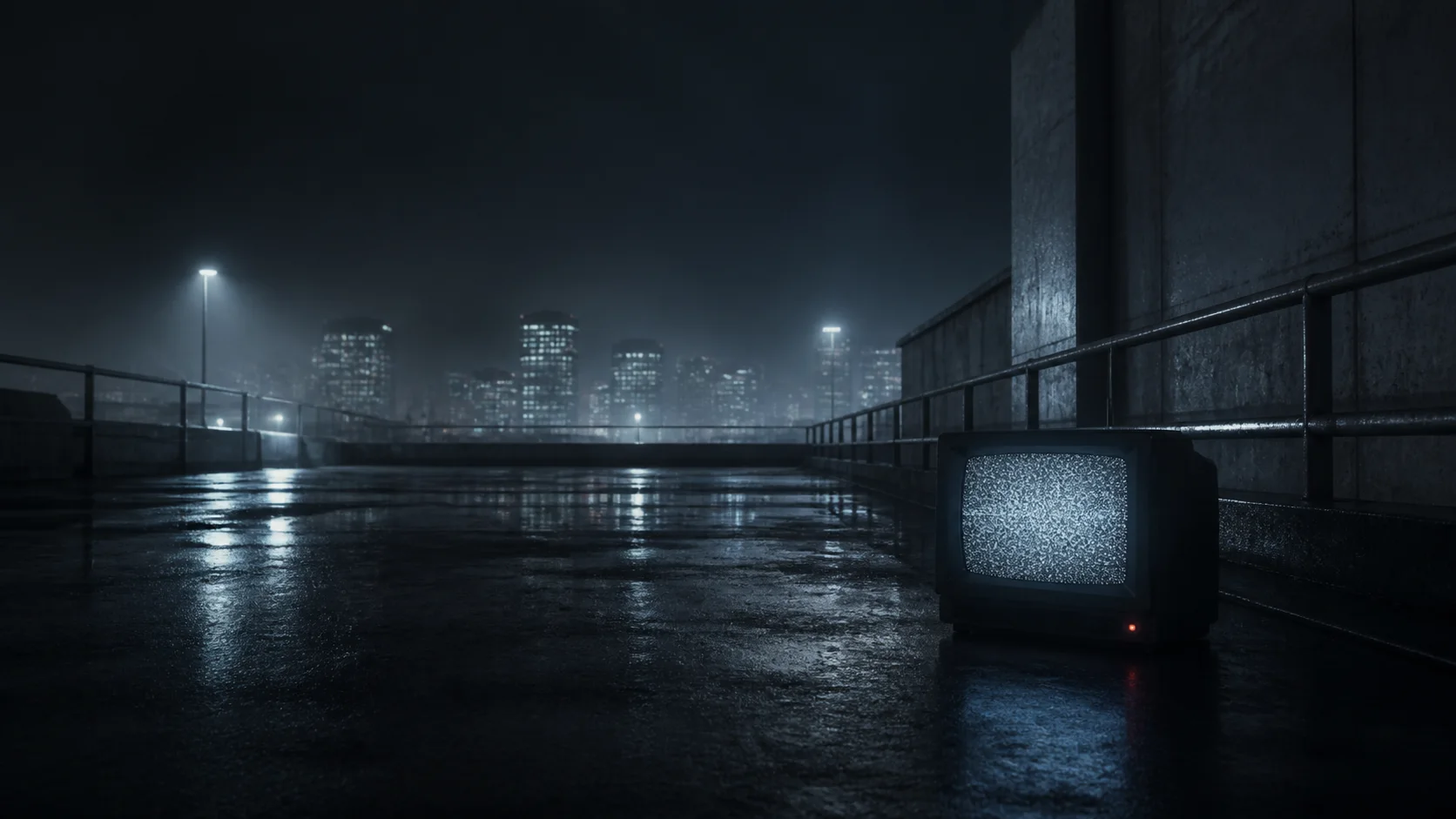 An empty rain-soaked rooftop with a CRT receiving static